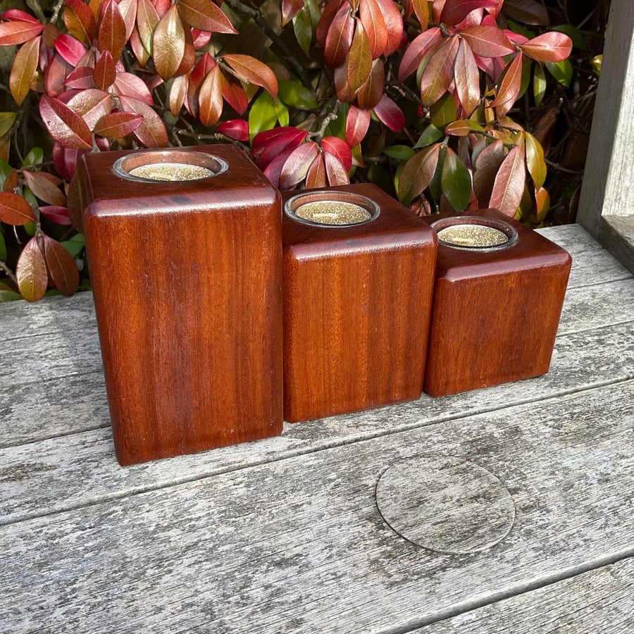 Set of 3 Handmade Masasa Wood Candle Holders with Glass Liners