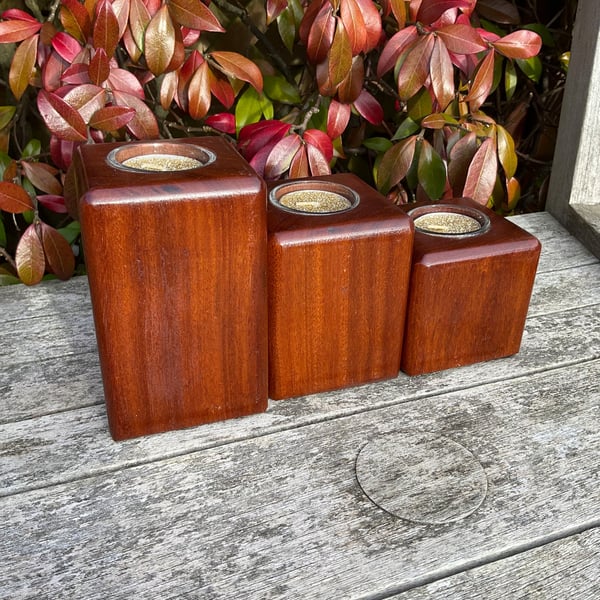 Set of 3 Handmade Masasa Wood Candle Holders with Glass Liners