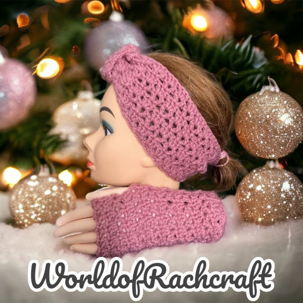 Crochet headband ear-warmer and matching wrist warmers