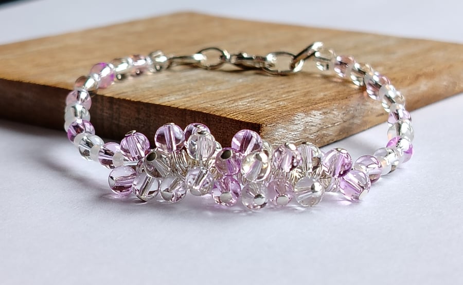 Pink and Clear Glass Bead Part Cluster Bracelet