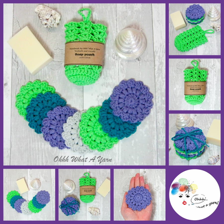 Cotton scrubbies and soap saver, soap pouch. Face wipes. Soap sock.