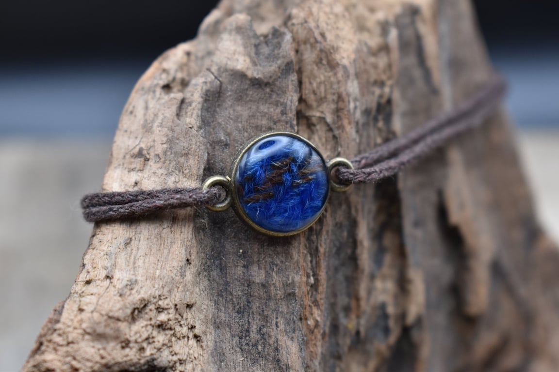 Harris Tweed Resin Bracelet, Blue, Adjustable Cotton Cord, Handmade in Scotland