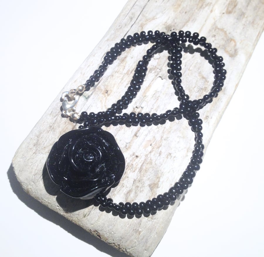 Black Flower Necklace - UK Free Post