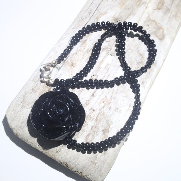 Black Flower Necklace - UK Free Post