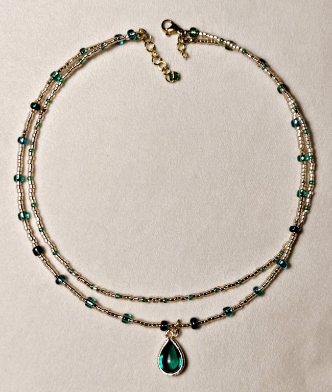 Handmade Emerald Green and Turquoise Double Strand Necklace Teardrop Pendant
