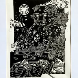 The Harbourside Bucca - Cornish Spirit - Limited Edition Lino Print - Black