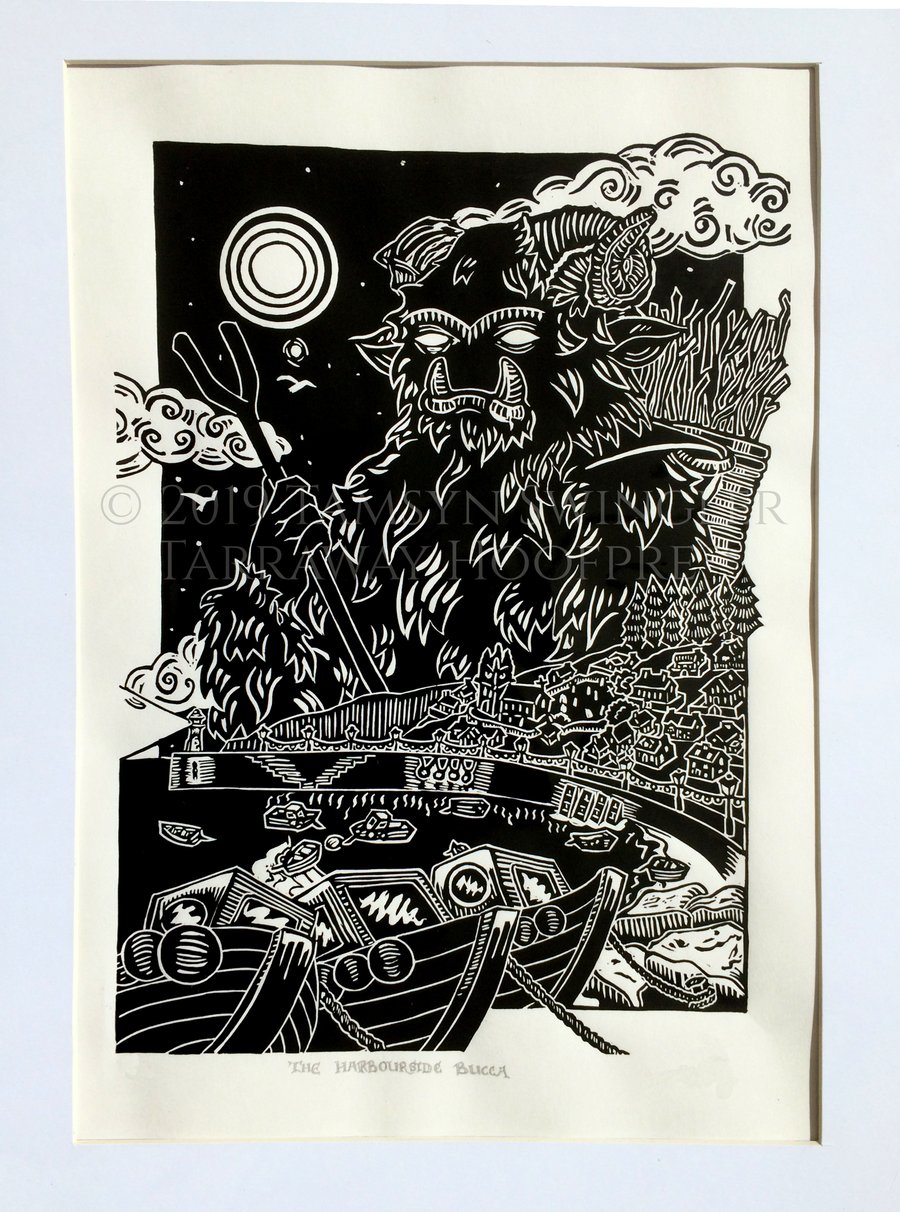 The Harbourside Bucca - Cornish Spirit - Limited Edition Lino Print - Black