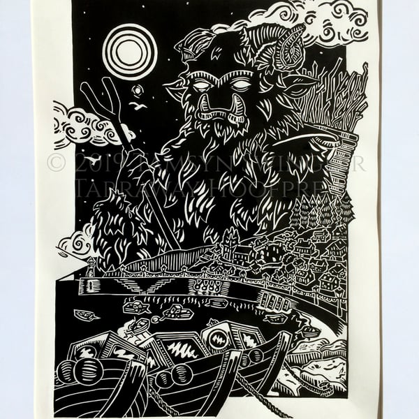 The Harbourside Bucca - Cornish Spirit - Limited Edition Lino Print - Black