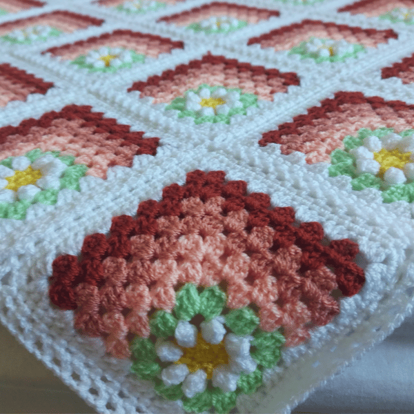 Handmade Crochet Daisy Baby Blanket – Peach Granny Squares - Ready to Ship 