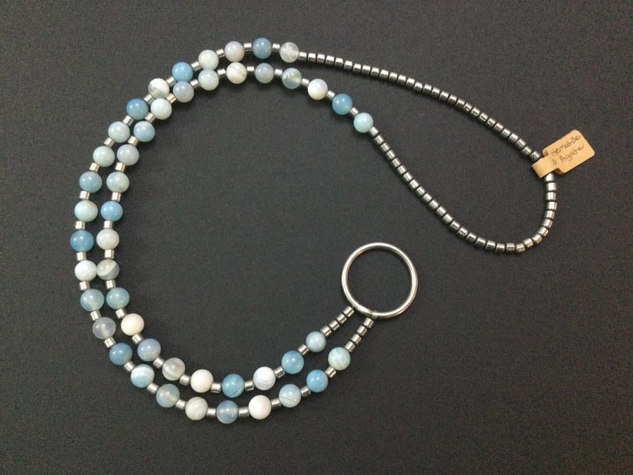 Blue Agate and Silver Plated Hematite Necklace Glasses Holder