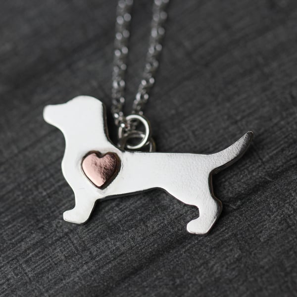 Sterling silver dachshund sausage dog necklace with copper heart