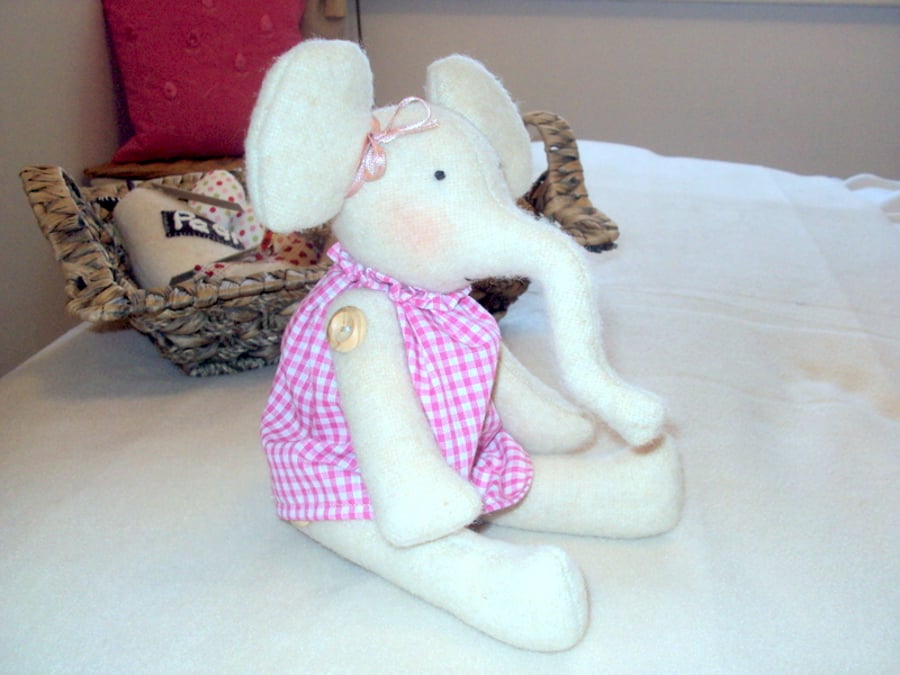 Cute Handmade Elephant with Pink Gingham Dress