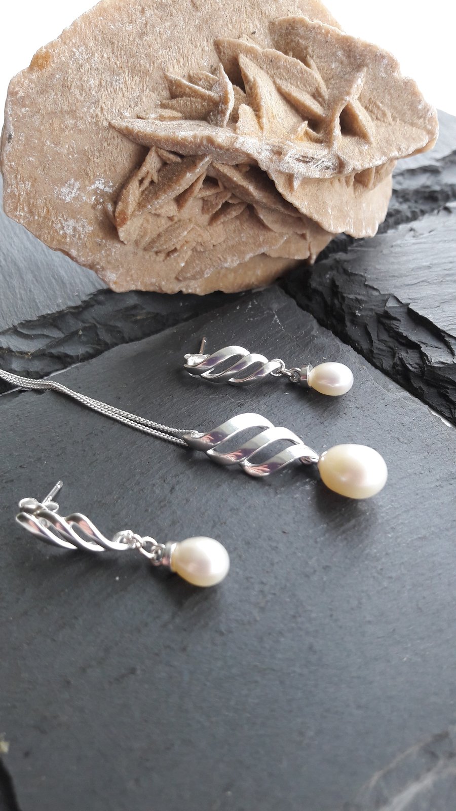 Cultured Pearl and Sterling Silver Modern Setting Necklace and Earring Set