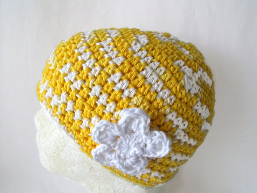 yellow and white crocheted cotton chemo hat or hair loss cap from alopecia