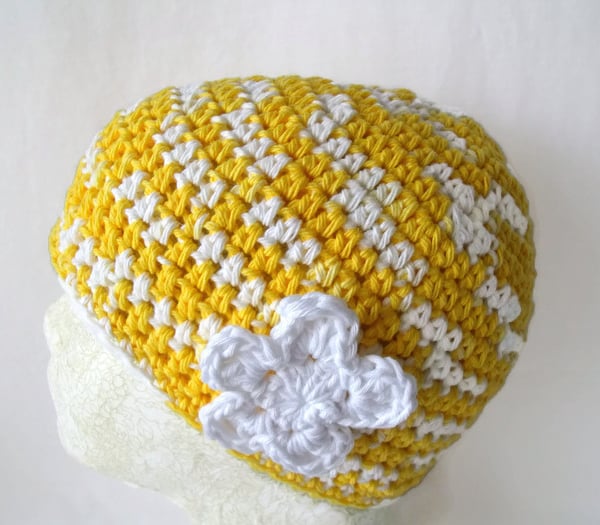 yellow and white crocheted cotton chemo hat or hair loss cap from alopecia
