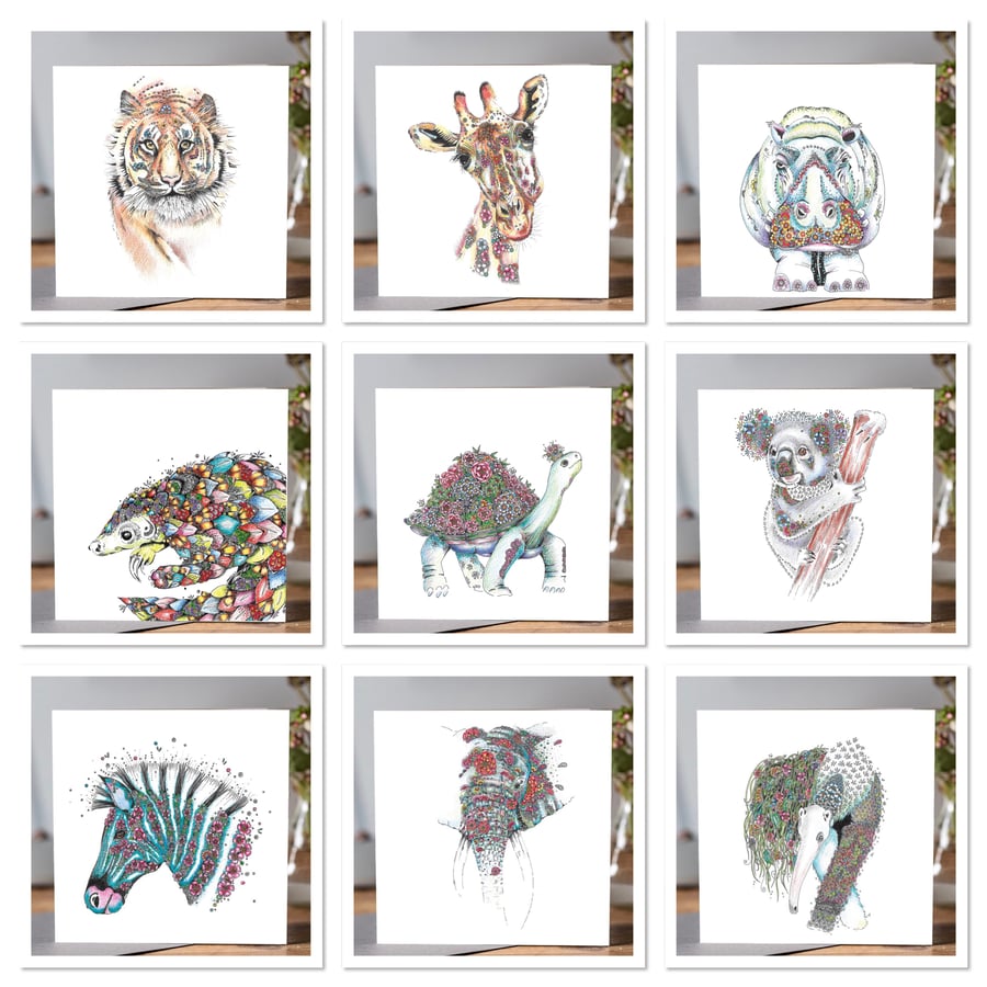 Mixed pack of Wild Animal Greeting cards x 9