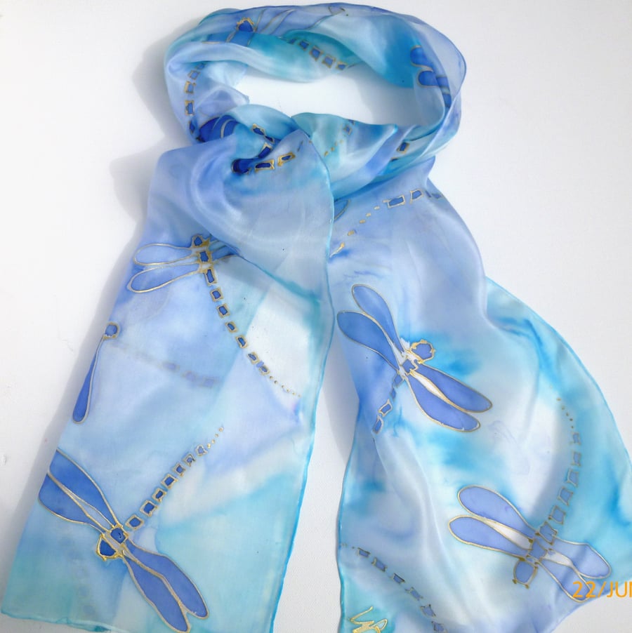 Hand painted Blue Dragonfly silk scarf