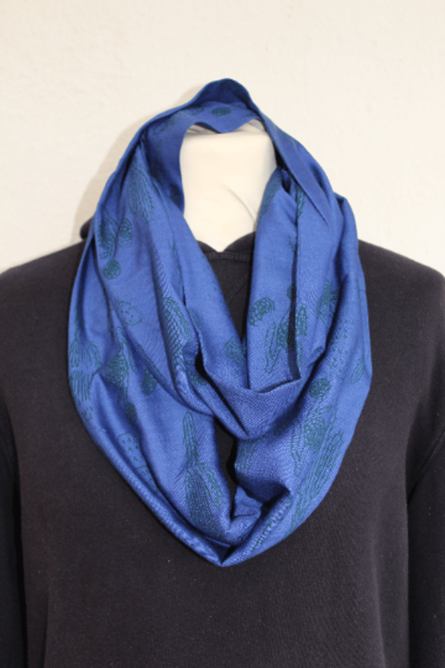 Blue and green hand printed cactus print scarf, infinity loop scarf, unisex gift