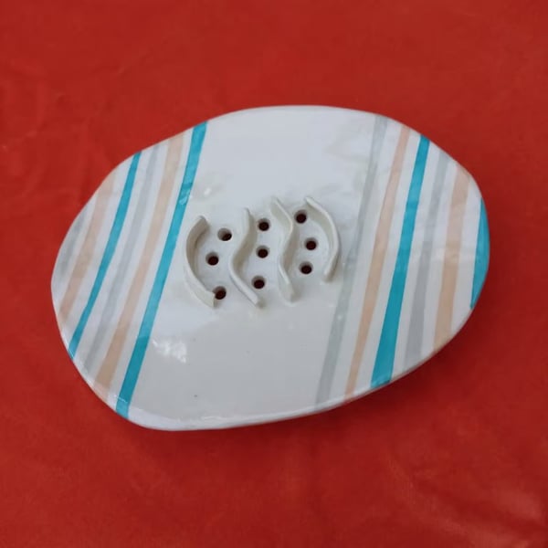 Ceramic soap dish with turquoise pink and grey stripes