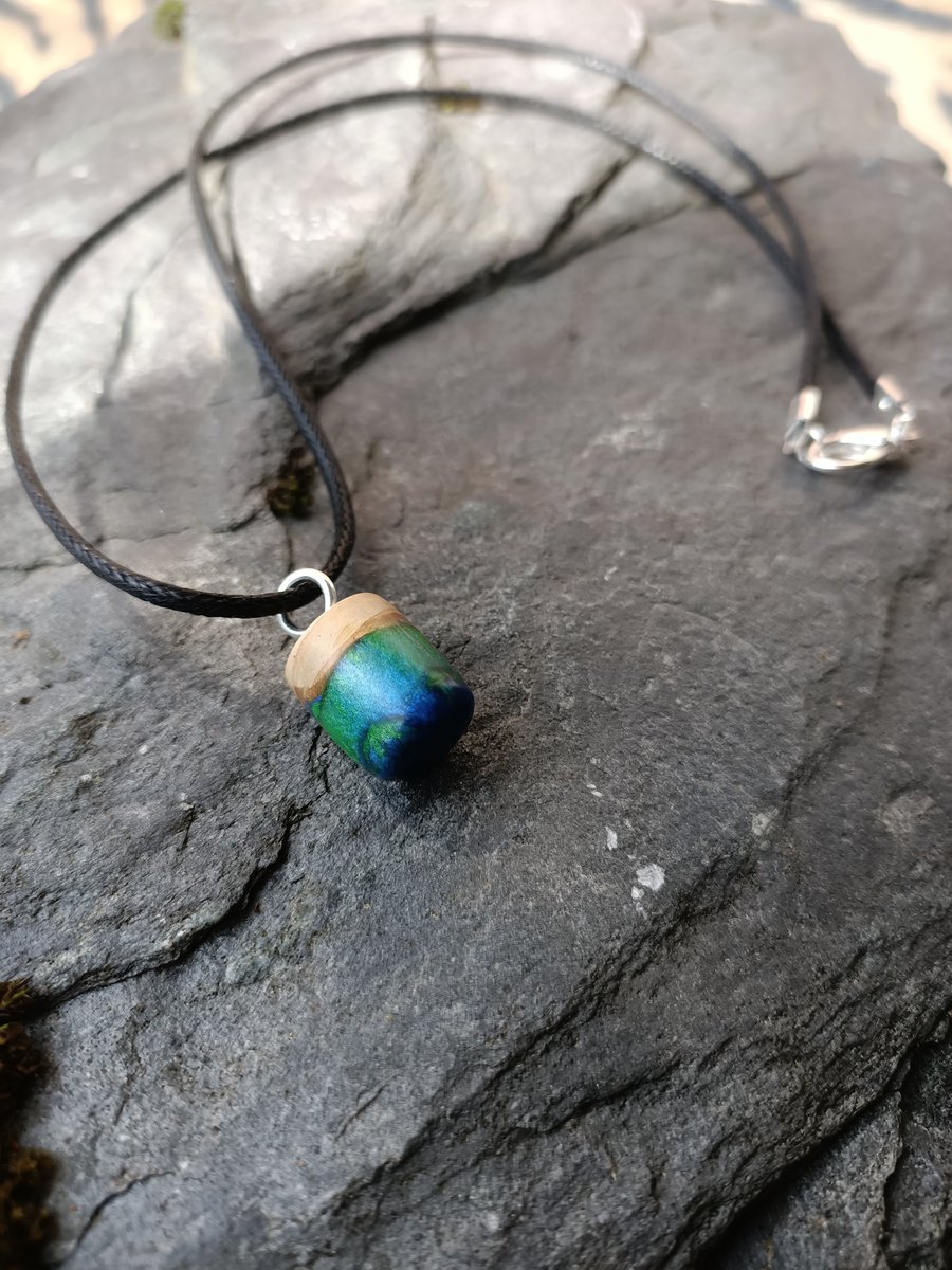 Wood and resin greens and blues mixed resin pendant necklace