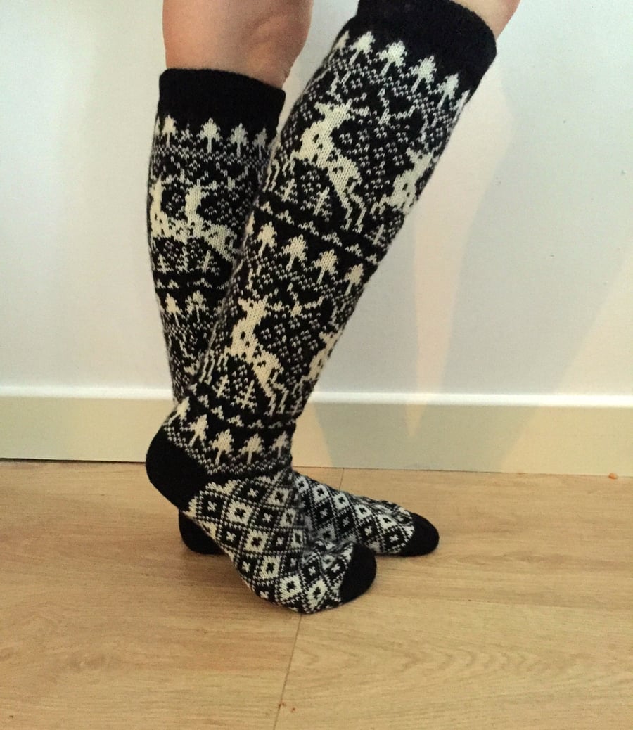 READY TO SHIP long knee length wool socks reindeer fair isle winter nordic