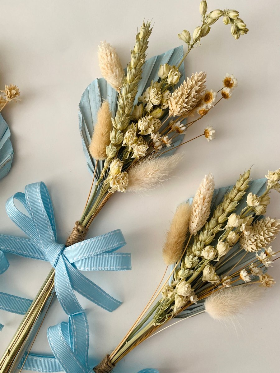 Pastel Blues Neutrals Dried Flowers Palm Spear Fan Backed Arrangement Gift 
