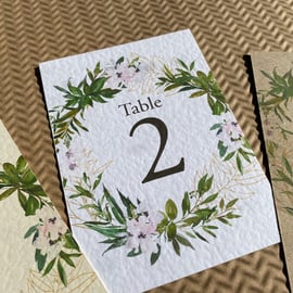 Blush pink flowers laurel leaf greenery wedding TABLE NUMBERS wreath rustic card