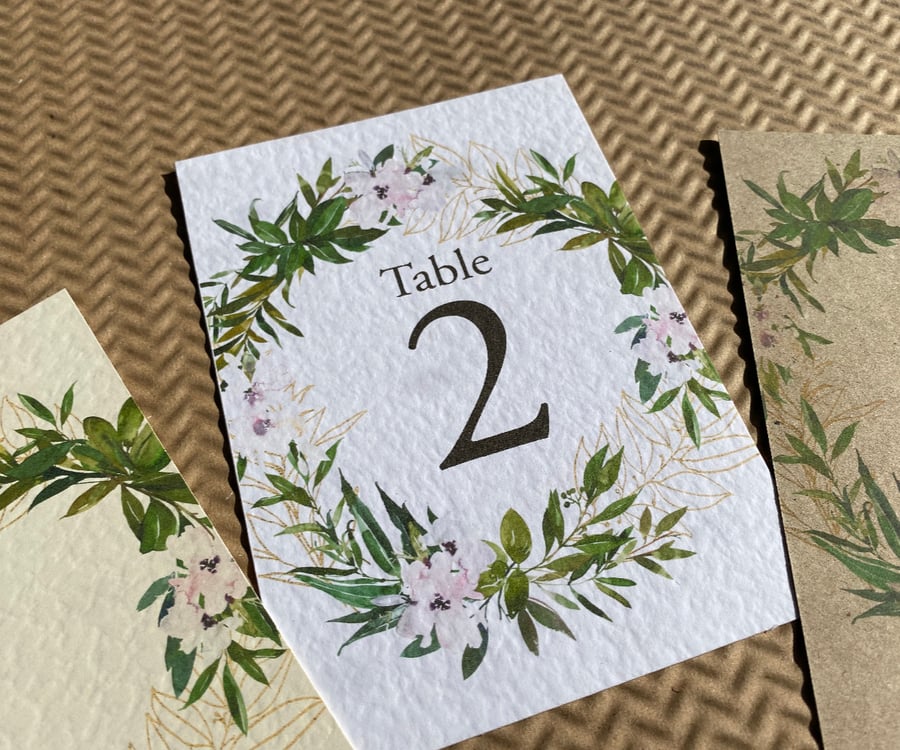 Blush pink flowers laurel leaf greenery wedding TABLE NUMBERS wreath rustic card