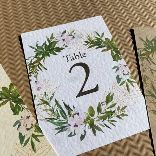 Blush pink flowers laurel leaf greenery wedding TABLE NUMBERS wreath rustic card