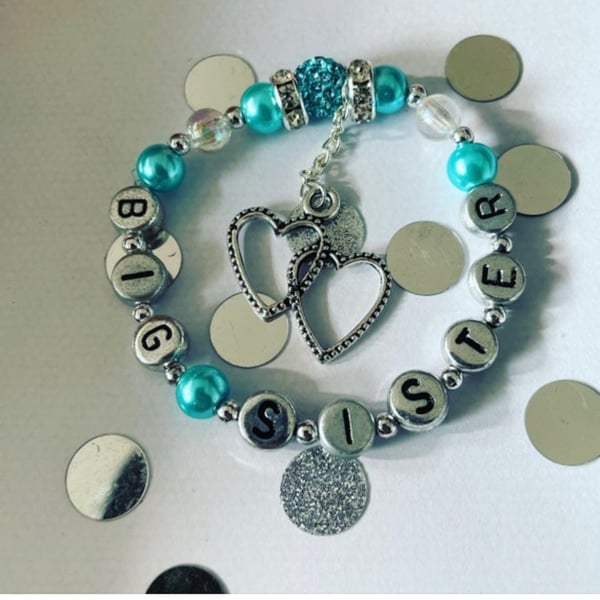 Big sister shamballa and rhinestone turquoise beaded bracelet gift for sibling