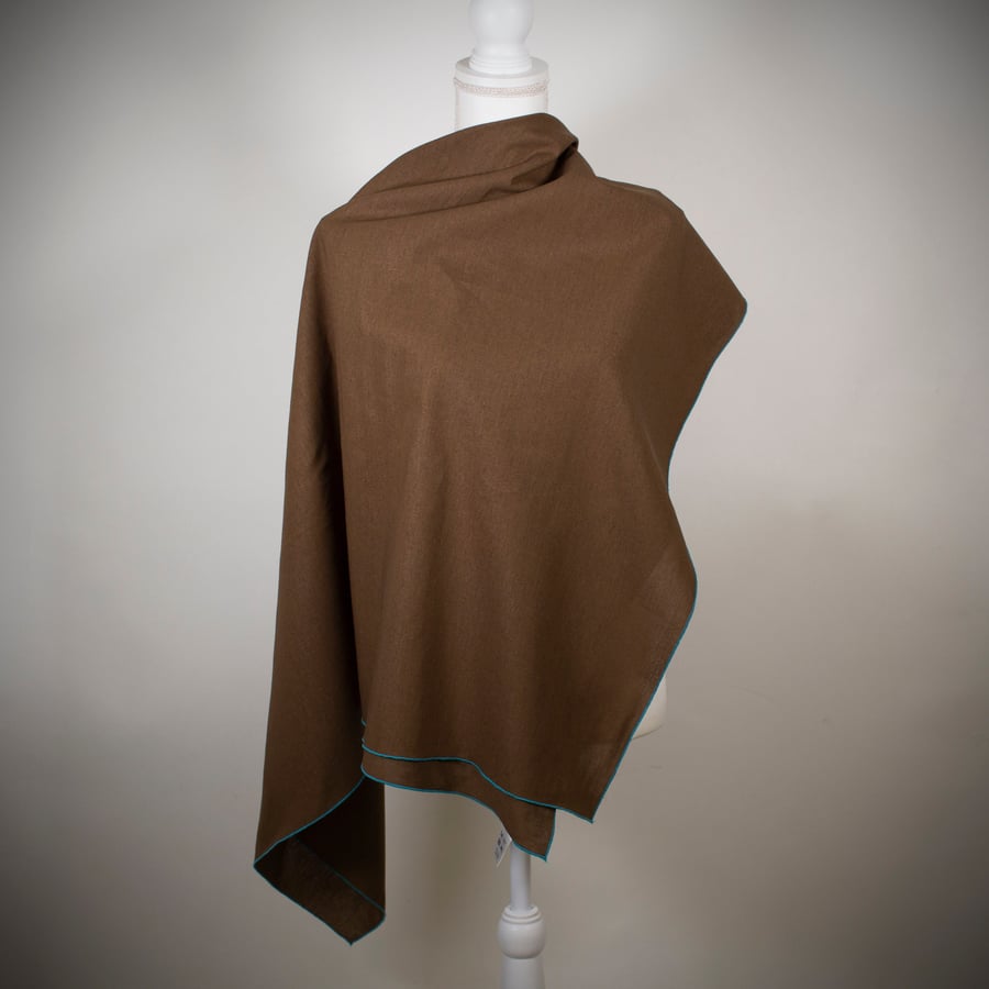 Dark Cocoa Linen Scarf with Teal Hem