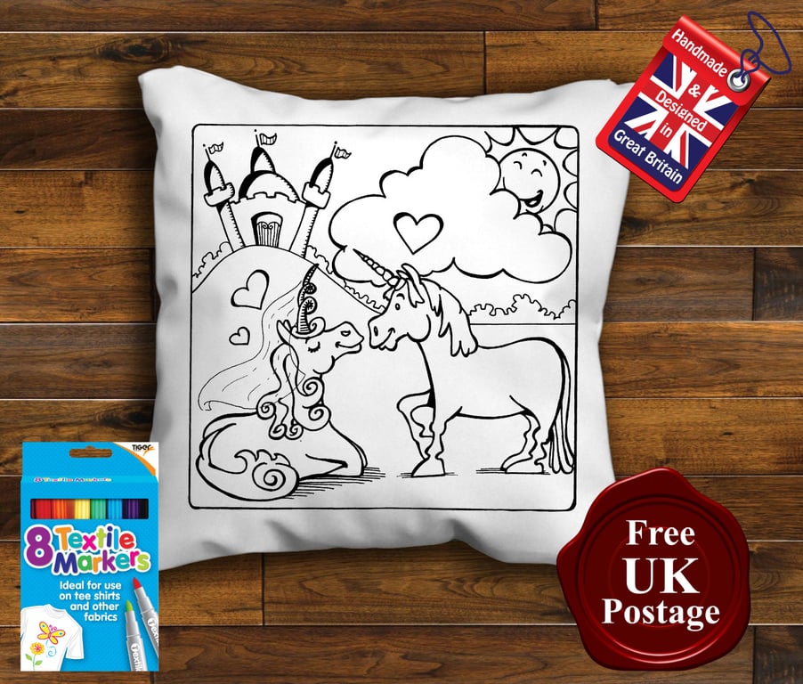 2 Unicorns Colouring Cushion Cover With or Without Fabric Pens Choose Your Size