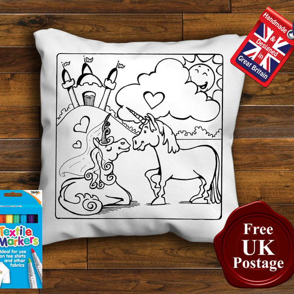 2 Unicorns Colouring Cushion Cover With or Without Fabric Pens Choose Your Size