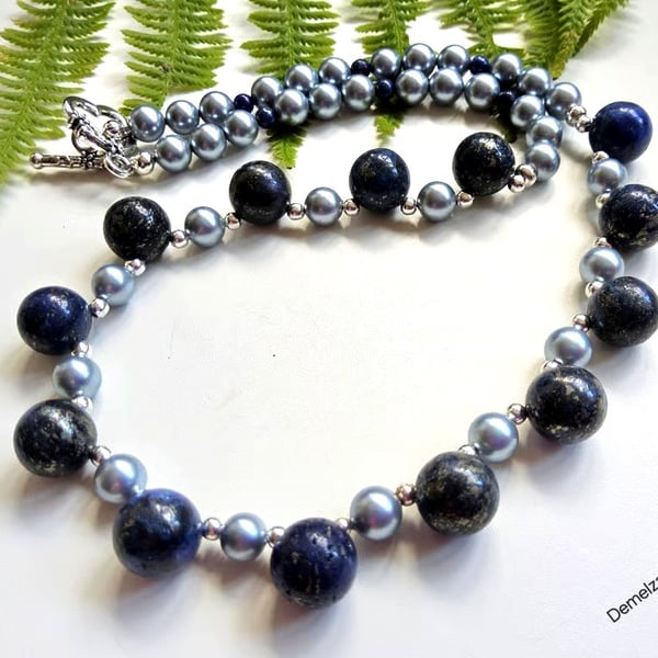 Designer Lapis Lazuli & Shell Pearl Necklace 