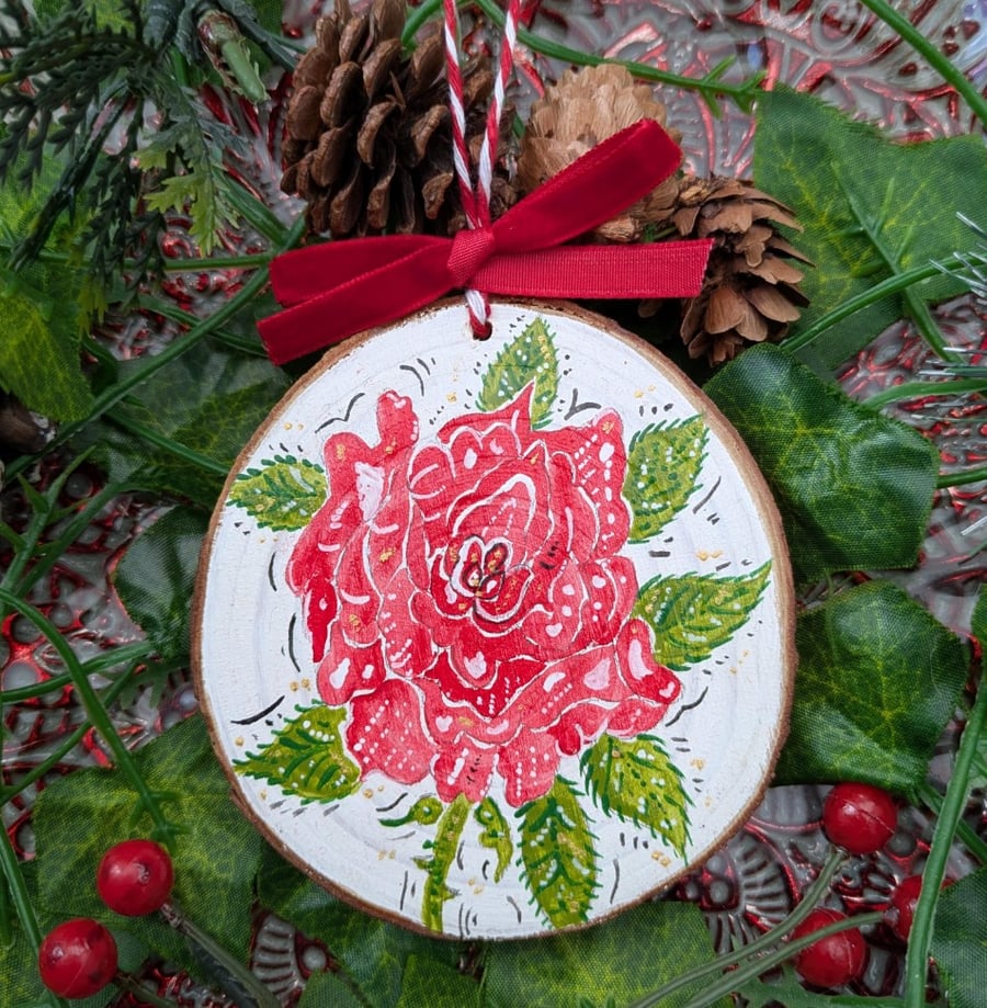 Red Rose hand-painted log slice Christmas decoration 