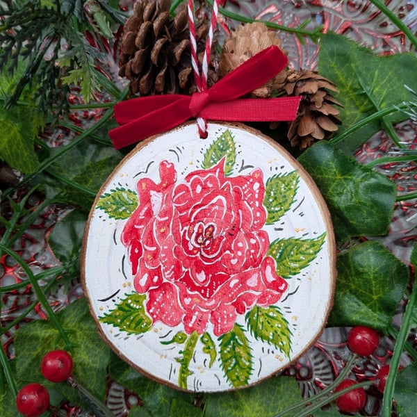 Red Rose hand-painted log slice Christmas decoration 