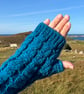 Hand knitted fingerless gloves,featuring cable knit pattern      DARK TURQUOISE  - Image 4