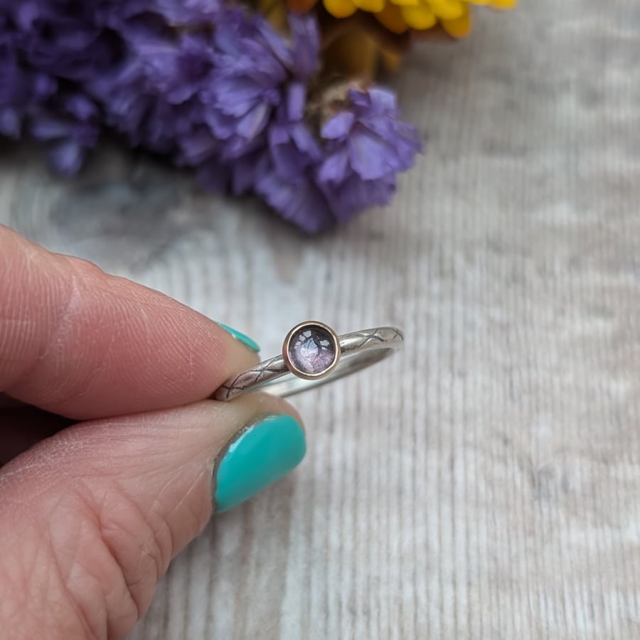 Silver and Gold Patterned Iolite Gemstone Stacking Ring