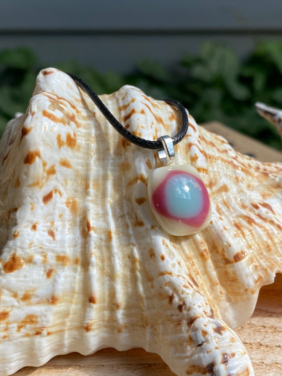 Blue and Cranberry fused glass Cabochon Pendant 