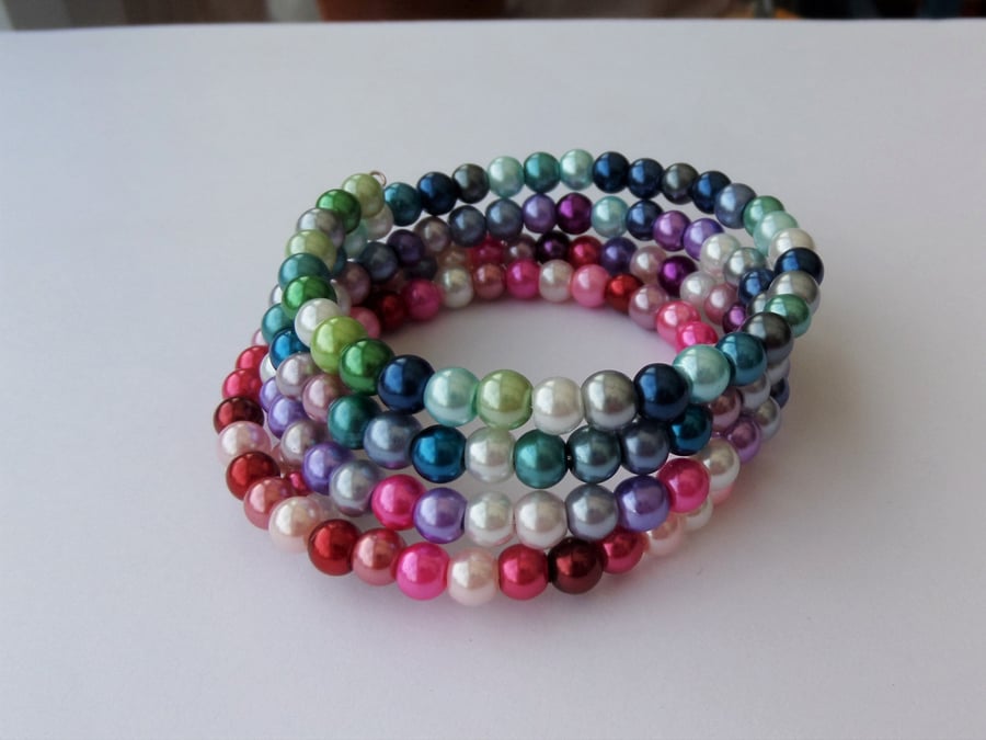 Multicoloured pink, purple, blue, green, glass pearl, memory wire wrap bracelet