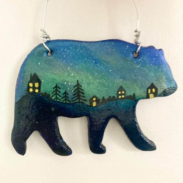 Northern Lights Polar Bear Hanging Decoration Handmade Clay Bear Gift