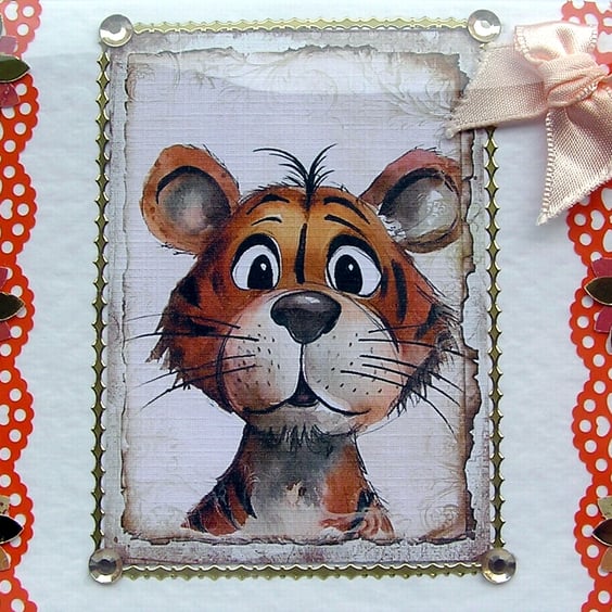 Tiger Cub - Hand Crafted Decoupage Greeting Notelet Card - Blank - 2690