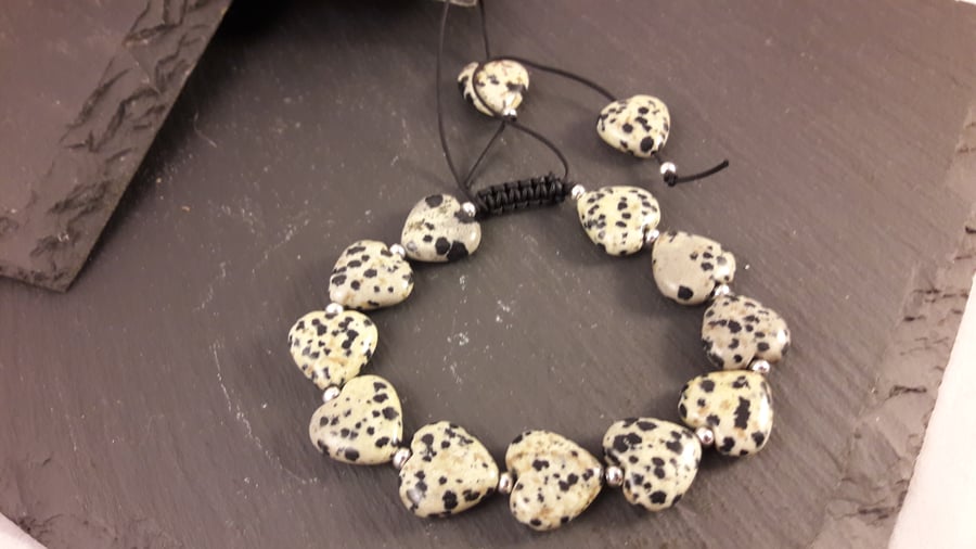 Dalmation Jasper Heart Adjustable Bracelet