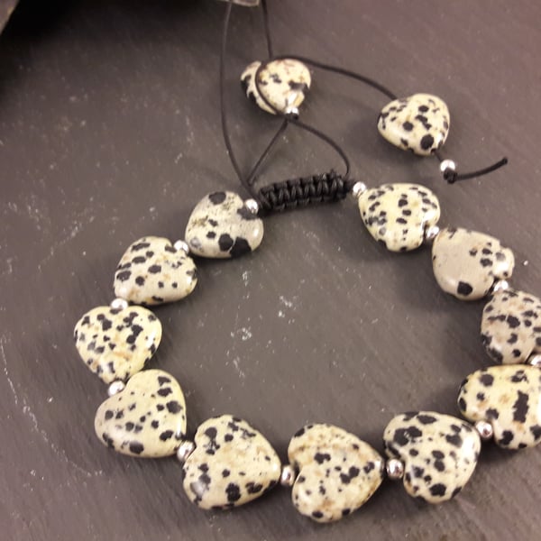 Dalmation Jasper Heart Adjustable Bracelet