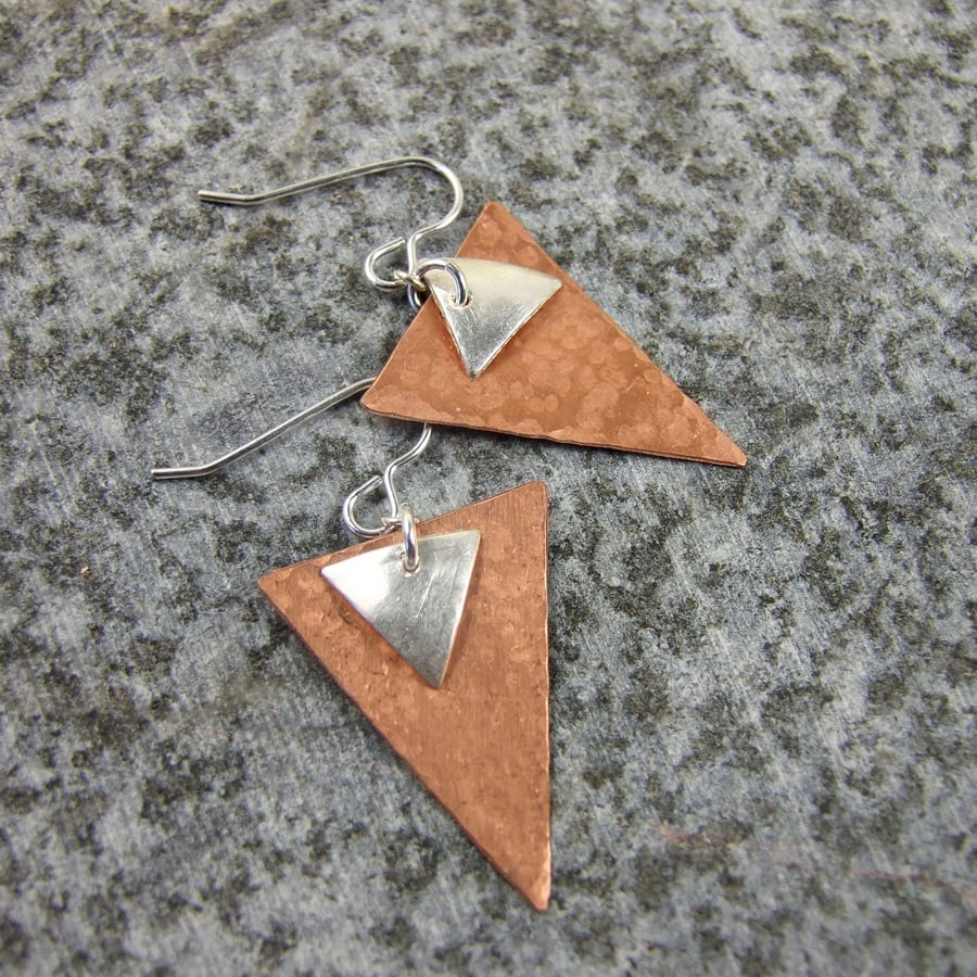 Earrings, Artisan Geometric Triangle Copper & Sterling Silver