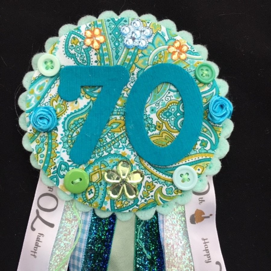 Birthday badge-Rosette Personalised - Floral theme - 70th- female