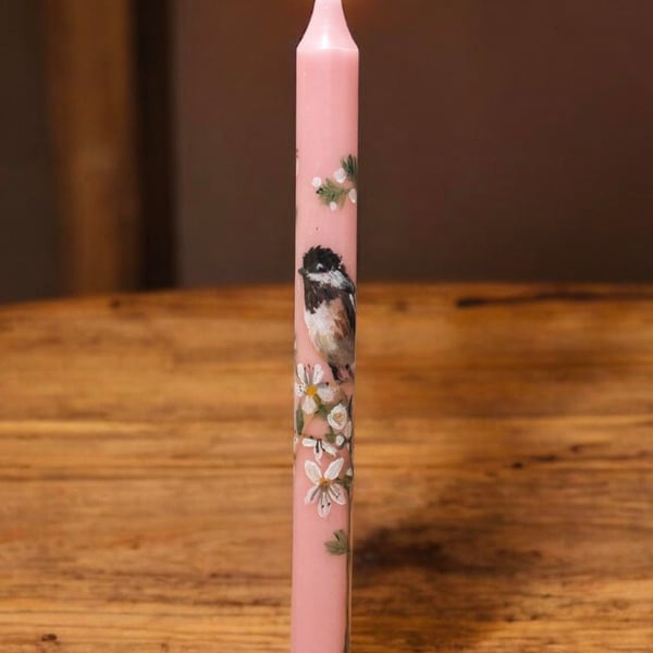 Pale pink Coal Tit and Hawthorn candle