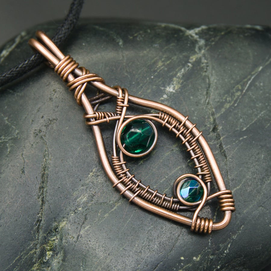 Copper Wire Weave Pointed Drop Pendant with Faceted Teal Glass Beads