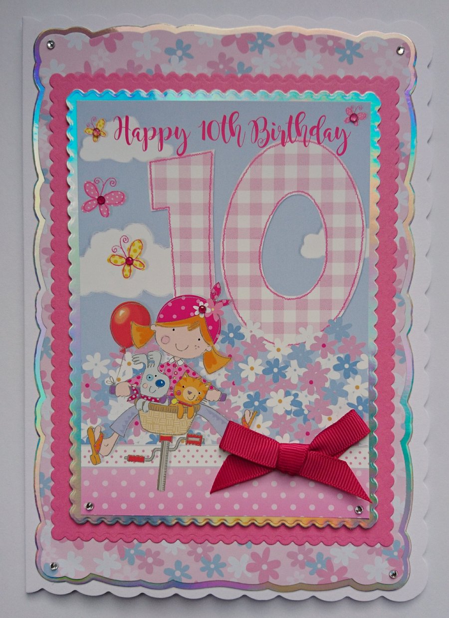 Happy 10th Birthday Card Girl on Bicycle with Flowers Cat Dog 3D Luxury Handmade