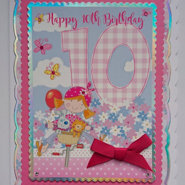 Happy 10th Birthday Card Girl on Bicycle with Flowers Cat Dog 3D Luxury Handmade